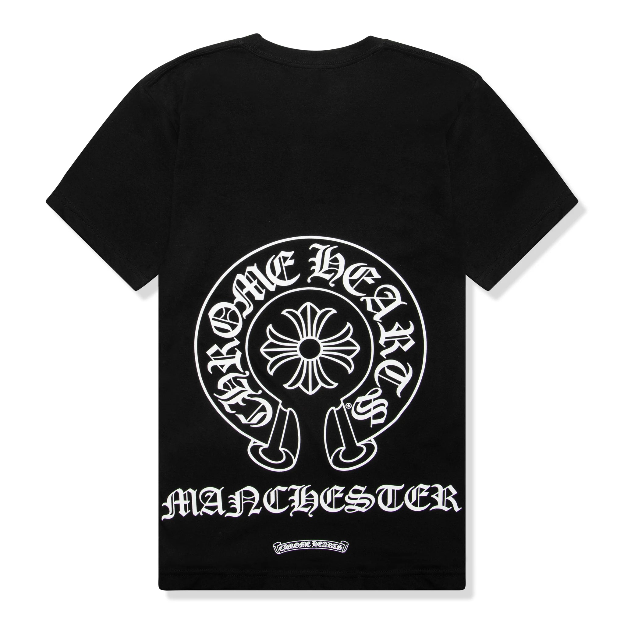 Back view of Chrome Hearts Manchester Exclusive Horse Shoe Pocket Logo Black T Shirt